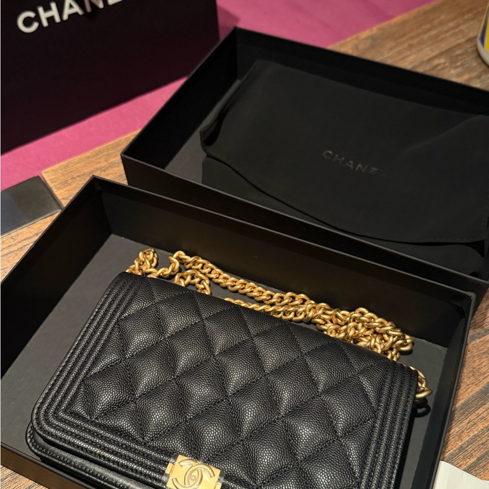 CHANEL Black Quilted Crossbody with Gold Chain